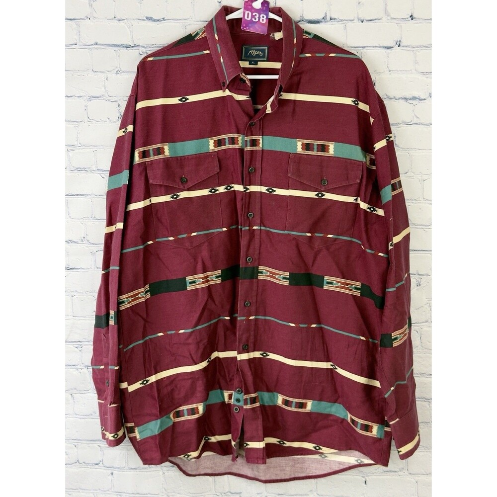 Vintage Roper Size XL Aztec Southwest Print Long Sleeve Button Up Shirt Maroon
